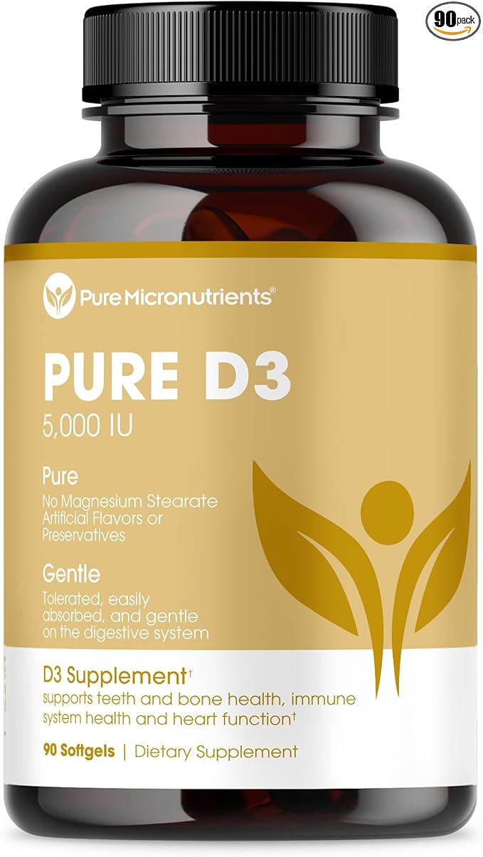 Pure Micronutrients Pure D3 – Vitamin D3 5000 IU Natural Vitamin D Supplements (Cholecalciferol) - Immune Support Healthy Muscle Function &amp Bone Health - 90 Mini Softgels