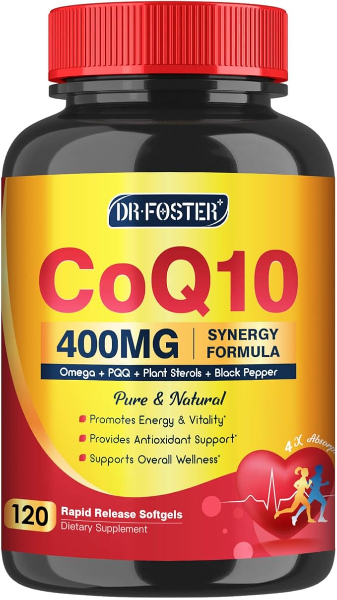 DRFOSTER CoQ10 400mg Softgels - High Absorption Coenzyme Q10 with PQQ Omega 3-6-9 Plant Sterols &amp Vitamin E MCT &amp Black Pepper - Heart Brain &amp Energy Support - Gluten-Free 120 Days Su