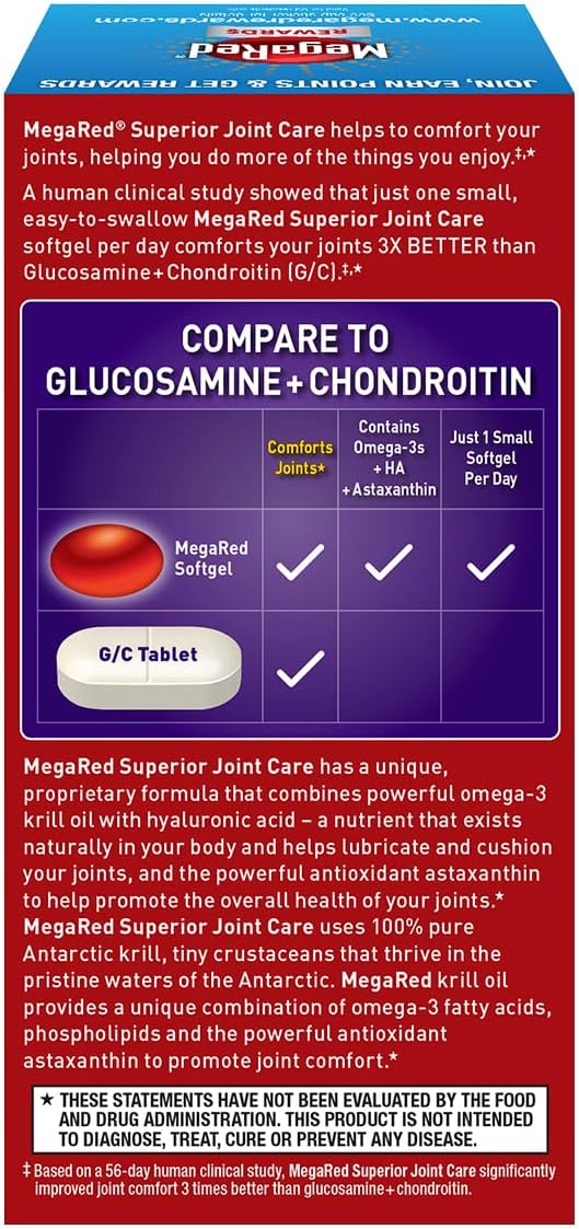Omega-3 Krill Oil and Joint Supplement - Megared Joint Care 60 softgels - EPA/DHA fatty acids Antioxidants Hyaluronic acid No fishy burp aftertaste as with Fish Oil