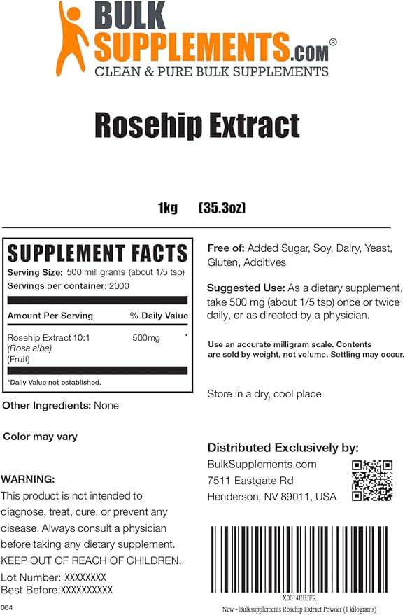 BulkSupplements.com Rosehip Extract Powder - Rose HIPS Supplement Rosehip Powder - Herbal Supplement Antioxidants Source - Gluten Free 500mg per Serving 5kg (11 lbs) (Pack of 5)