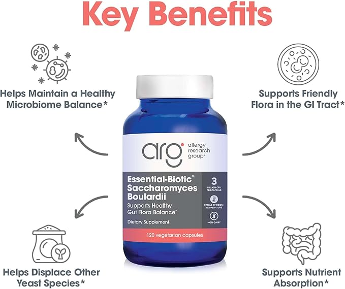 Allergy Research Group Essential-Biotic Saccharomyces Boulardii 450mg Probiotic Supplement - S. Boulardii Probiotic Yeast Friendly Bacteria Establishment GI Tract Support - 120 Count