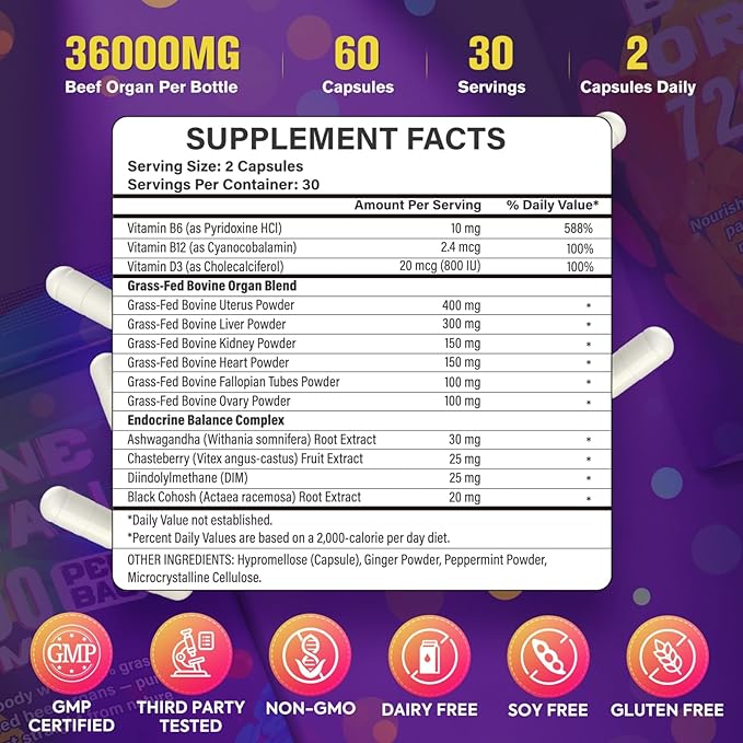 Beef Organ Supplement for Women - 100% Grass Fed Beef Organs with Bovine Liver Ovary Uterus Kidney Heart &amp Fallopian Tubes - PMS Menopause &amp Energy Immune &amp Mood Support 60 Count
