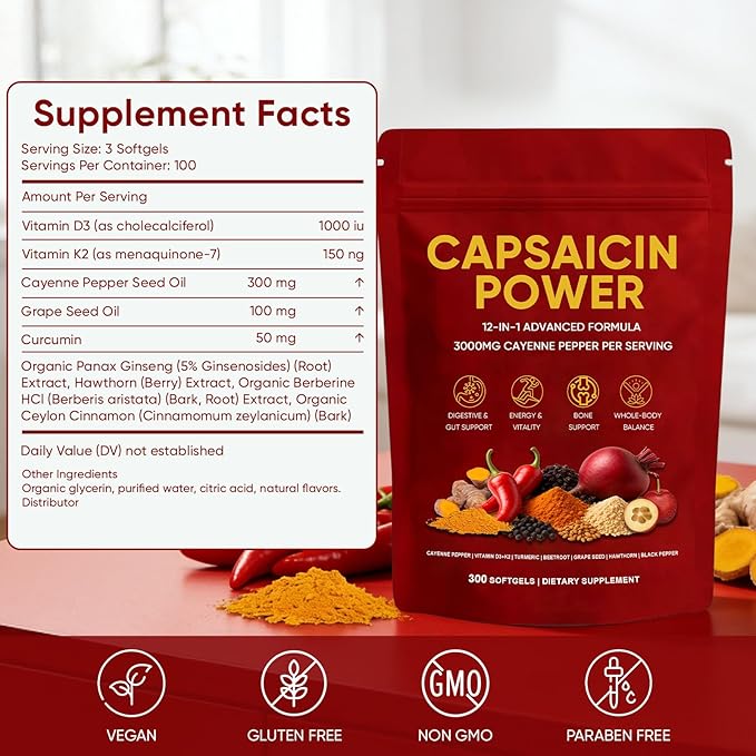 Capsaicin Power - Cayenne Pepper Softgels Supplement Supports Leg Vein Digestive &amp Gut Health with Vitamin D3+K2 Beetroot Grape Seed and Other Extracts 300 Capsules (1)