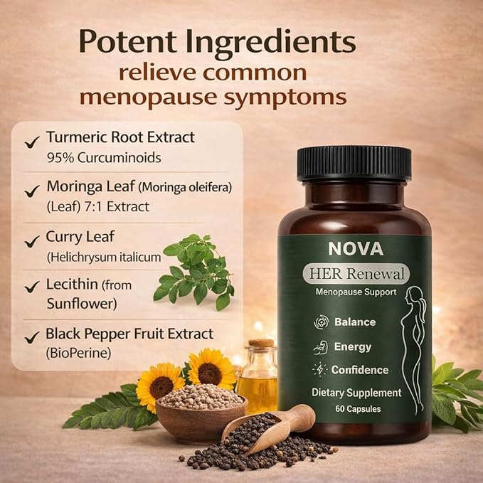 NOVA Menopause Relief Support for Her - Probiotic Estrogen Balance Formula with Curcuminoids &amp Botanical Extracts – Supports Hormonal Balance Comfort &amp Daily Well-Being – 60 Capsules (1)
