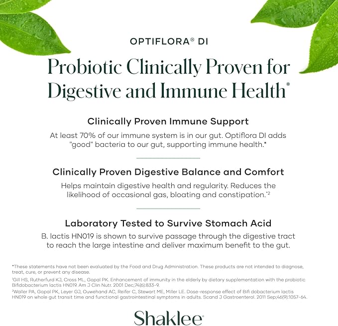 Shaklee - Optiflora® DI Probiotic -10 Billion CFUs - 4 Bacterial Strains - Bifidobacterium lactis HN019™ - Supports Intestinal Flora Balance &amp Regularity - Gluten Soy &amp Dairy Free - 30 Capsul
