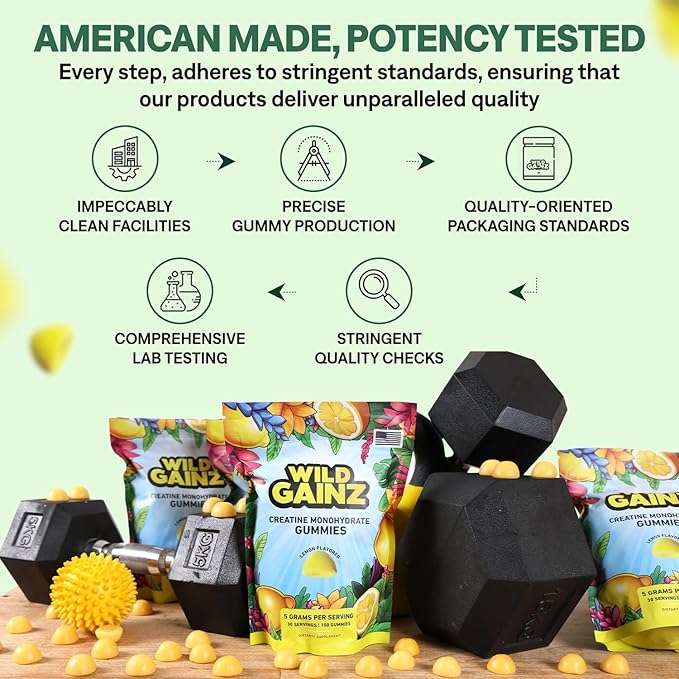Creatine Monohydrate Gummies 5g - Made in USA - Pre Workout Creatine Chews for Women &amp Men Vegan Creatine Gummy Candy Chewable Nutritional Supplements NSF Certified (Lemon 150 Count)