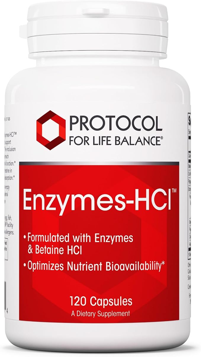 PROTOCOL FOR LIFE BALANCE Enzymes-HCl - Digestive Enzymes with Bromelain - Full Spectrum of Proteases - Digestion Supplement - Soy &amp Dairy Free - 120 Capsules