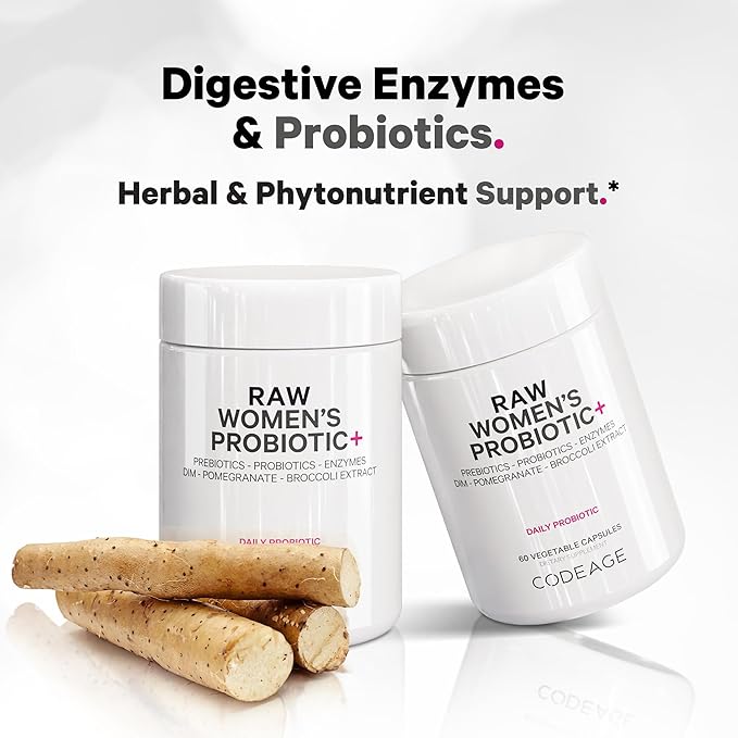 Codeage Raw Women’s Probiotic+ Supplement - 34 Probiotic Strains 100 Billion CFUs Digestive Enzymes Prebiotic Blend DIM Herbal Extracts Phytonutrients - Non-GMO - 30 Capsules