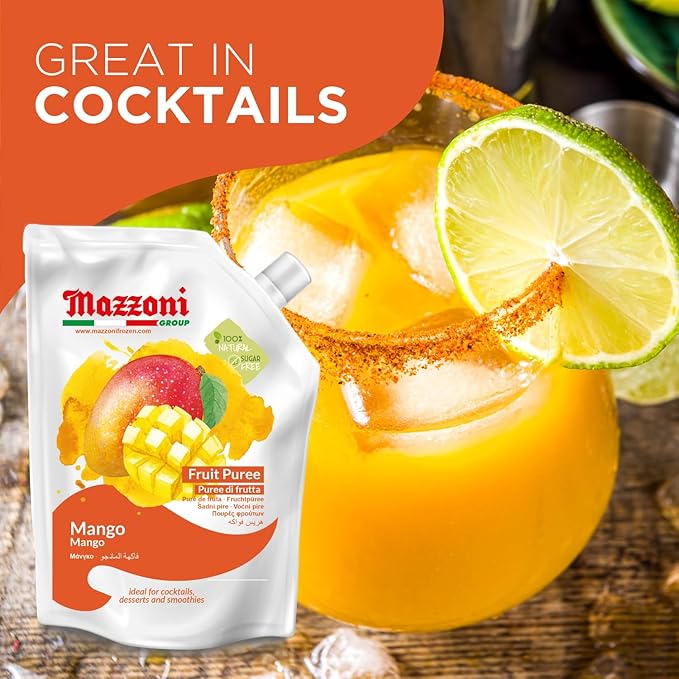 Mazzoni Mango Puree Juice 100% Pure Mango Lassi Just Fruit Nectar No Sugar Added 2.2 lbs (35.2 oz) Real Fruit Mixer for Cocktails Drinks Smoothies Convenient Pouch Made in Italy (Pack of 2)