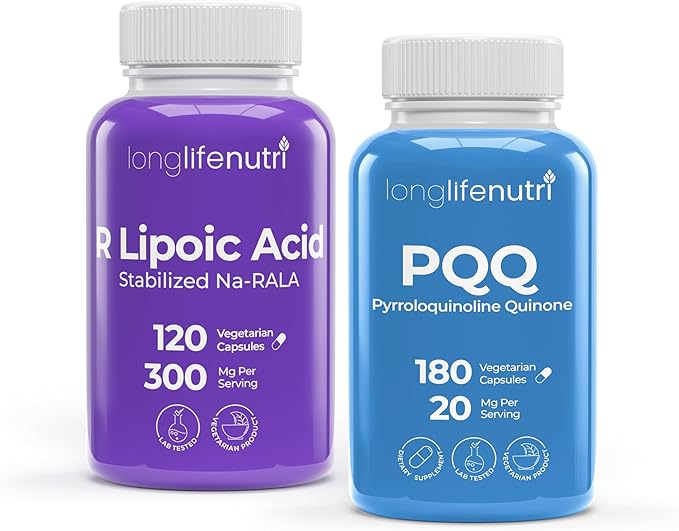 LongLifeNutri R-Alpha Lipoic Acid 300 mg + PQQ 20 mg Bundle - 120-180 Vegetarian Capsules Cellular Energy &amp Metabollic Function Daily Energy &amp Mental Performance GMP Certified Made in USA