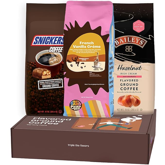 Perfect Samplers Flavored Ground Coffee Gift Box Variety Pack Snickers Baileys Hazelnut French Vanilla Medium Roast Ground Coffee Sampler 3 Pack