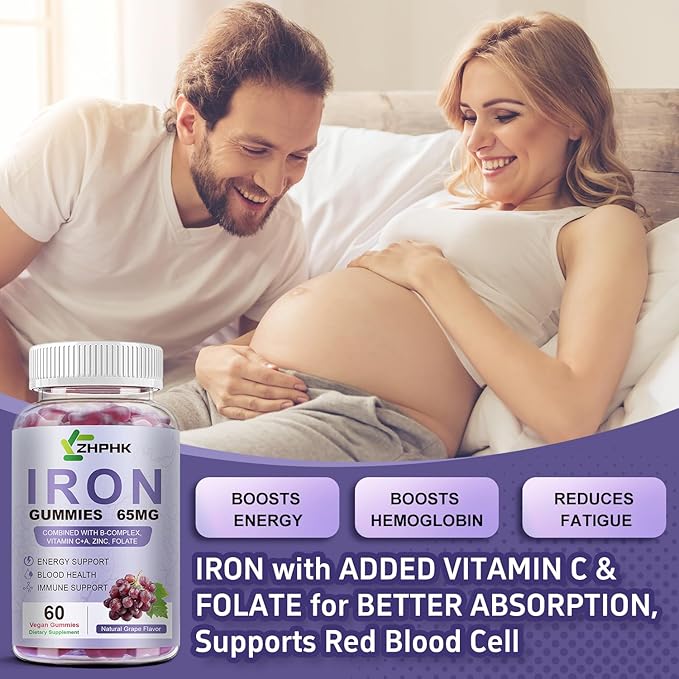 Vegan Iron Supplement 65mg Iron Gummies for Women and Men with Vitamin C 250mg Vitamin A B-Complex Biotin Zinc &amp Folate Folate for Energy Boost Immune Health 120 Count