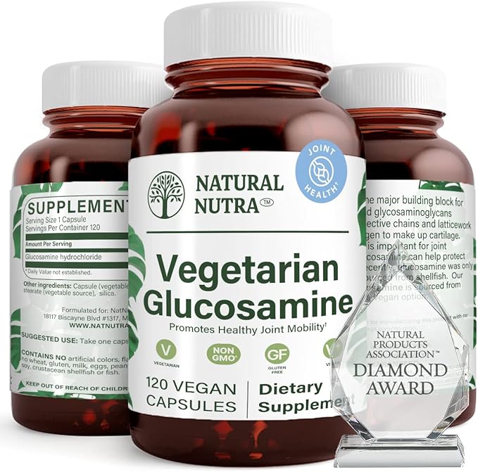 Natural Nutra Vegan and Vegetarian Glucosamine Hydrochloride for Men and Women Kosher Shellfish Free Plant Based Joint Support Supplement Helps Joints Health &amp Mucles Gristle 750mg 120 Caps