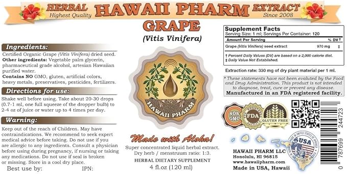 Hawaii Pharm Grape Liquid Extract Grape (Vitis Vinifera) Seed Tincture Supplement 4x4 oz