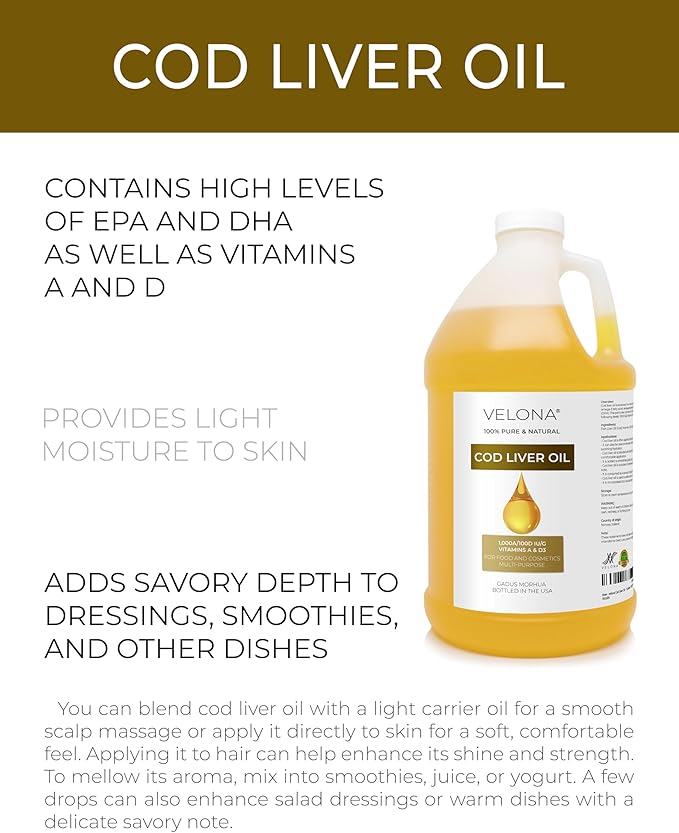 velona Cod Liver Oil - 1 Gallon / 128 Fl Oz | 1000A/100D IU/g Omega 3 Vitamins A &amp D3 | Norwegian Arctic Sustainably Sourced Nordic Oil | Hair Body and Skin Care | Use Today - Enjoy Results