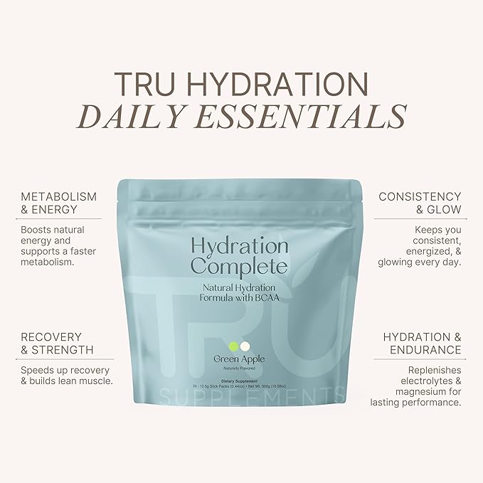 TRU Supplements Hydration Complete BCAA Plant Based Amino Acids + Pink Himalayan Salt Electrolytes &amp L-Carnitine Vegan Zero Calories No Artificial sweeteners 24 Servings Green Apple