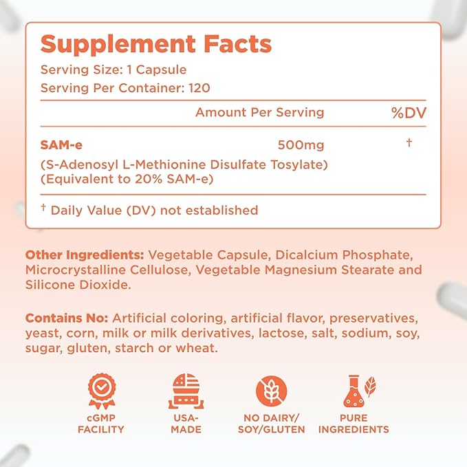 Bioactive SAM-e 500mg - High Strength SAM-e Supplement with Biologically Active SS Form for Liver and Mood Support - Vegan Non-GMO Preservative Free - Made in the US (120 Servings)