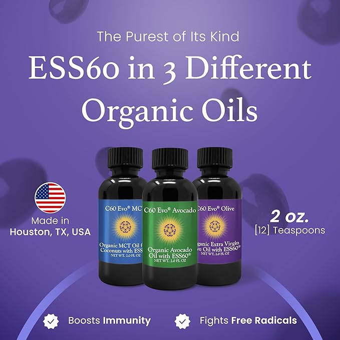 C60 Evo All-Natural Edible Oils Mini Oil Sampler Set with Pure C60 ESS60 Immune Support and Joint Support Supplement with Olive Oil Avocado Oil &amp MCT Coconut Oil Set of 3 2 oz