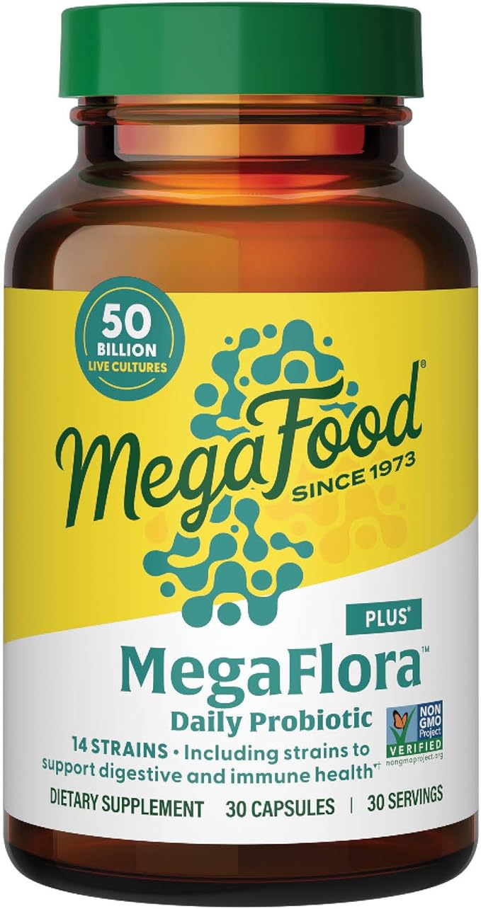 MegaFood MegaFlora Probiotic Plus - Probiotics for Women and Men Digestive Health- 50 Billion CFUs &amp 14 Strains - Immune Support Supplement - Vegetarian - 30 Capsules