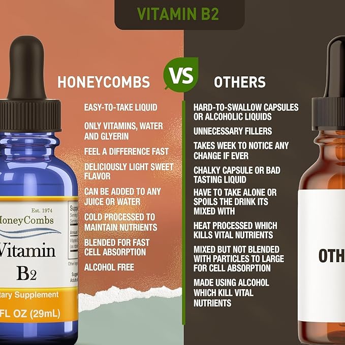HoneyCombs Vitamin B2 Riboflavin Liquid Drops - Made in The USA - Natural High Potency Fast Absorption Vitamin B2 for Men Women &amp Children - Vegan Formula - Bulk Sizes Also Available