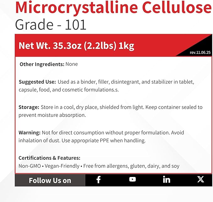 Microcrystalline Cellulose Powder Type 101-1 kg (2.2 lb) - Tablet Binder Direct Compression DC Excipient Filler