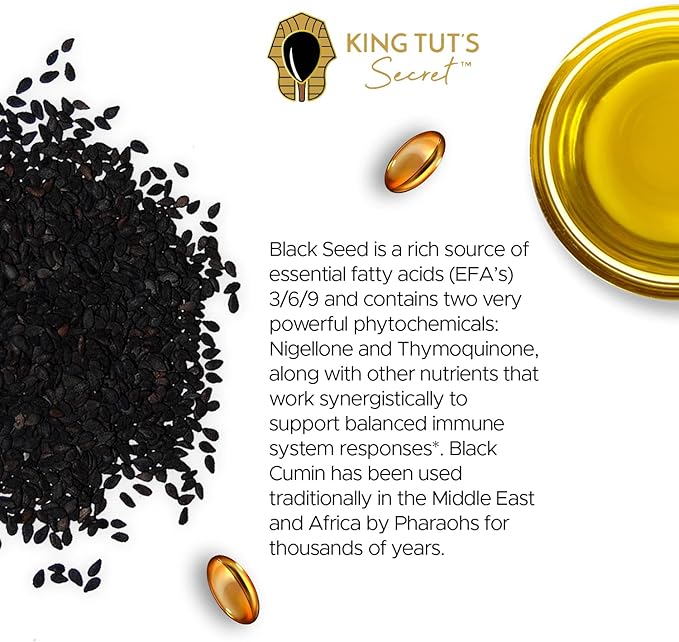 KING TUT'S SECRET Black Seed Capsules - 500 mg 100 Softgels - Nigella Sativa Extract Black Cumin Supplement for Hair Antioxidant Support Immune System - Halal Black Seed Cumin Oil Capsules