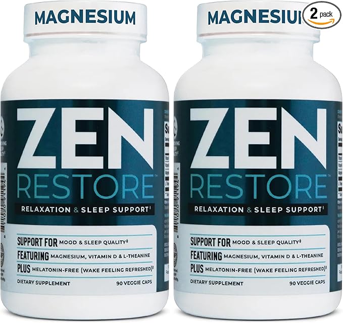 Nutrology Zen Restore – 400mg Magnesium Malate Vitamin D3 &amp L-Theanine Supports Sleep Muscle Recovery &amp Adrenal Wellness Magnesium Supplement for Men and Women 30 Servings (Pack of 2)