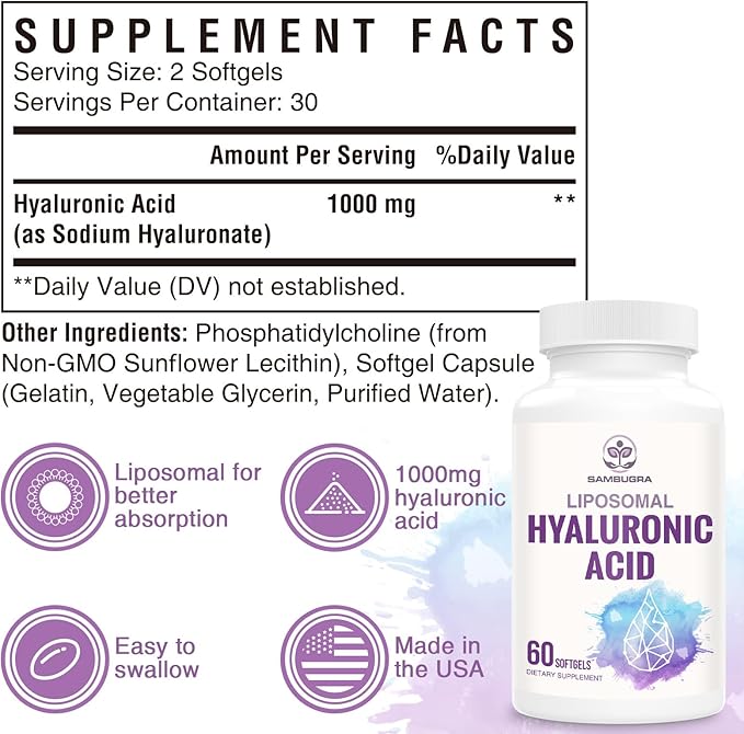Liposomal Hyaluronic Acid 1000mg High BioavailabilityHyaluronic Acid Capsules Dietary Supplement Support Skin and Bones 60 Capsules