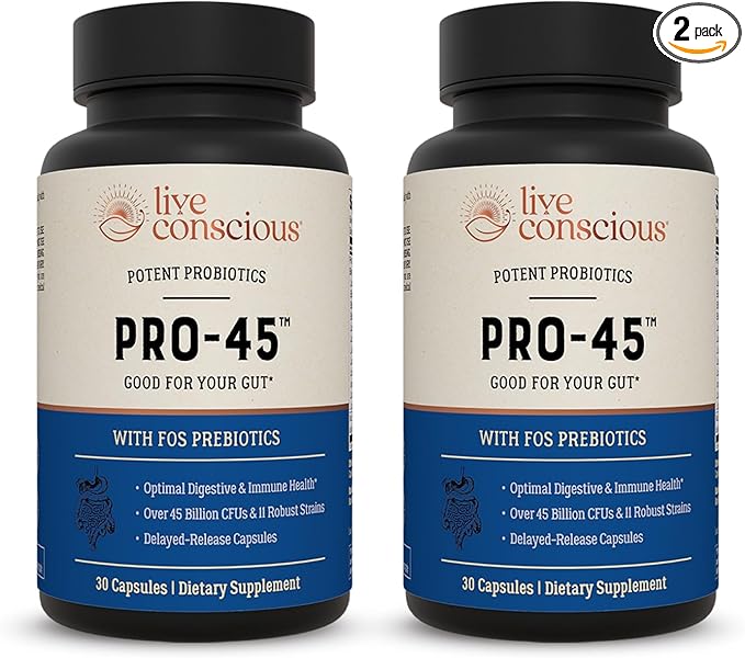 Live Conscious PRO45: Probiotic Formula 45 Billion CFU 11 Comprehensive strains. Dairy Free. Delayed Release Veggie caps. Promotes Immune and Digestive Health. 60 Capsules (2-Pack)