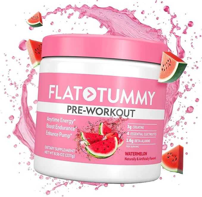 Flat Tummy Pre Workout Powder for Women – Energy Endurance and Muscle Support with 3g Creatine 1.6g Beta-Alanine Electrolytes – Watermelon Flavor – 30 Servings