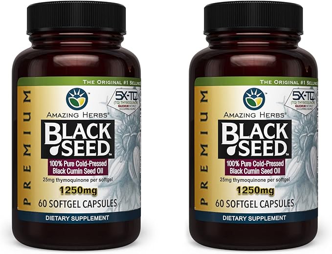 Amazing Herbs Premium Black Seed Oil Capsules - High Potency Cold Pressed Nigella Sativa Aids in Digestive Health Immune Support &amp Brain Function - 60 Count 1250mg (60 Count (Pack of 2))