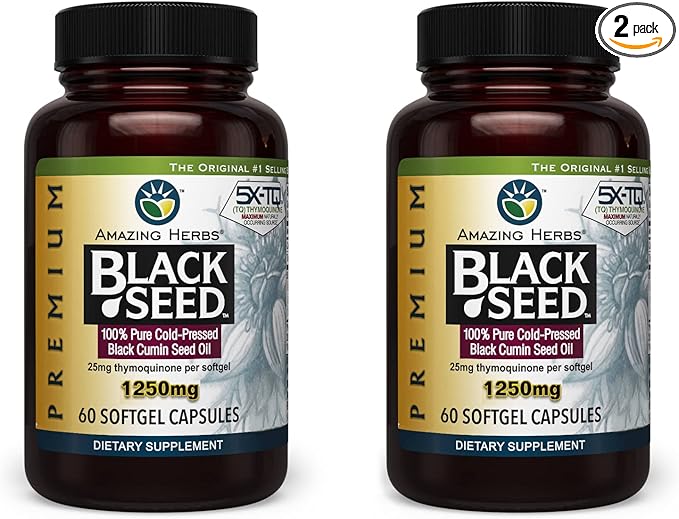 Amazing Herbs Premium Black Seed Oil Capsules - High Potency Cold Pressed Nigella Sativa Aids in Digestive Health Immune Support &amp Brain Function - 60 Count 1250mg (Pack of 2)