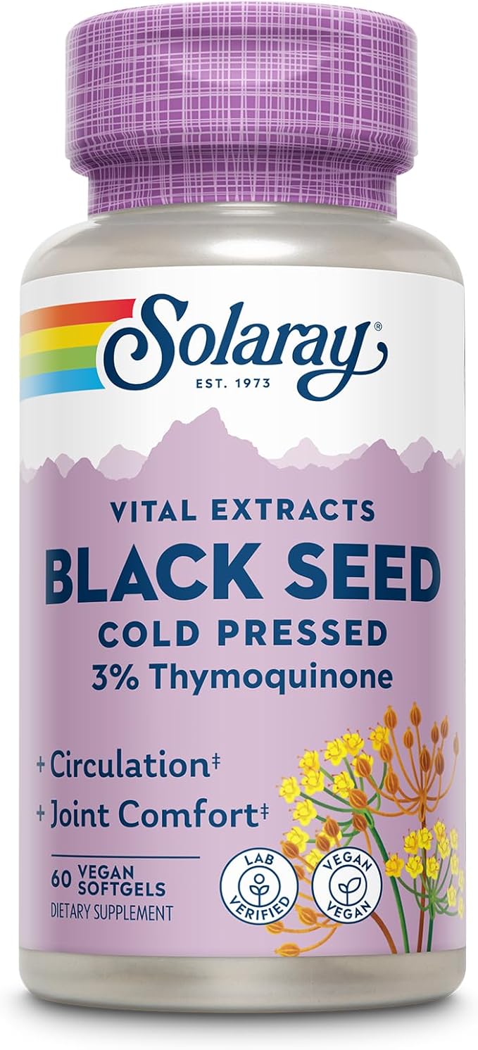SOLARAY Black Seed Oil Supplements w/ 3% Thymoquinone - a.k.a. Black Cumin Seed Oil - Joint Health Support - Cold Pressed Vegan Lab Verified 60-Day Guarantee - 60 Softgels 60 Servings