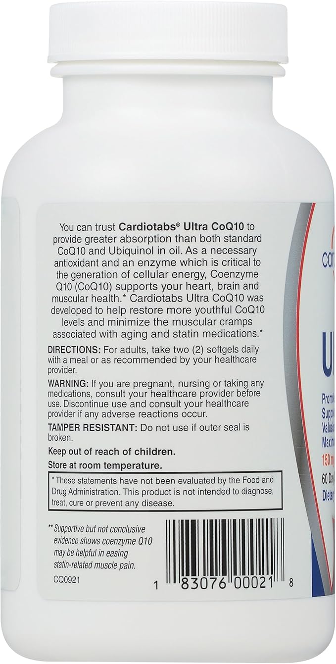Ultra CoQ10 Coenzyme Supplement for Cardio Health 150 mg of CoQ10 - Ubiquinone - Per 2 Softgels w/Safflower Oil &amp Tocopherols 6X Better Absorption for Brain &amp Muscle Health 120 Softgels