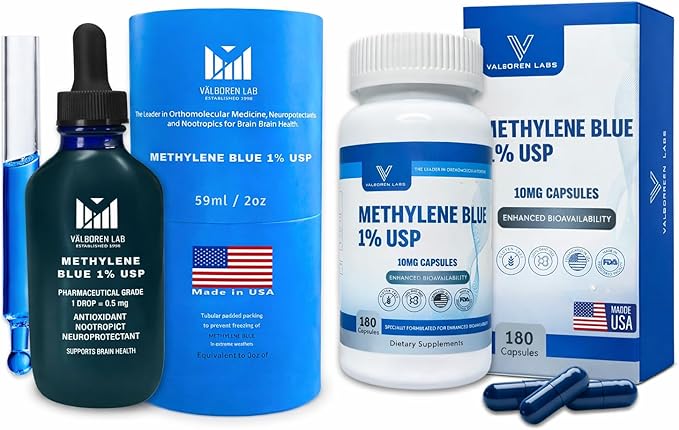 Methylene Blue 1% Liquid (59ML) + 10mg Capsules Bundle – 180 Vegan Pills – Pharmaceutical Grade – Made in USA – Third Party Tested – Alcohol Free Supplement