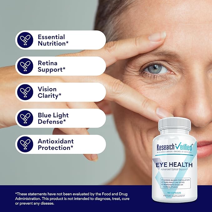 Research Verified Eye Health - Nourish and Protect Eyes and Vision Support Healthy Retina Improve Blood Supply to Eyes - Vitamins A B C and E - 180 Capsules - 3 Month Supply - Made in The USA