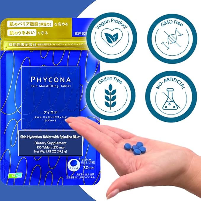 Earthrise PHYCONA - Skin Hydration Tablets with Spirulina Blue 330mg Tablets (150 Count) Gluten Free Keto Friendly Non-GMO 1-Month Supply