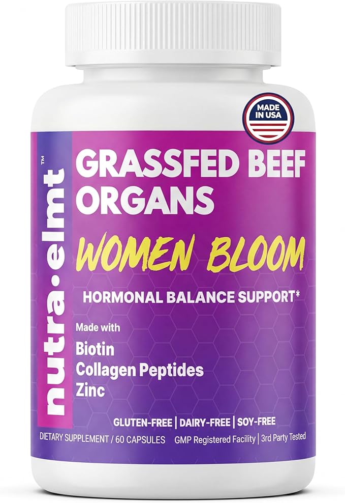 Beef Organ Supplement for Women (Made in USA) Enhanced w Biotin Collagen Peptides &amp Zinc - 5 Organ Blend Grass Fed Uterus Ovary Liver Kidney Heart – New Zealand Sourced – 60 Capsules