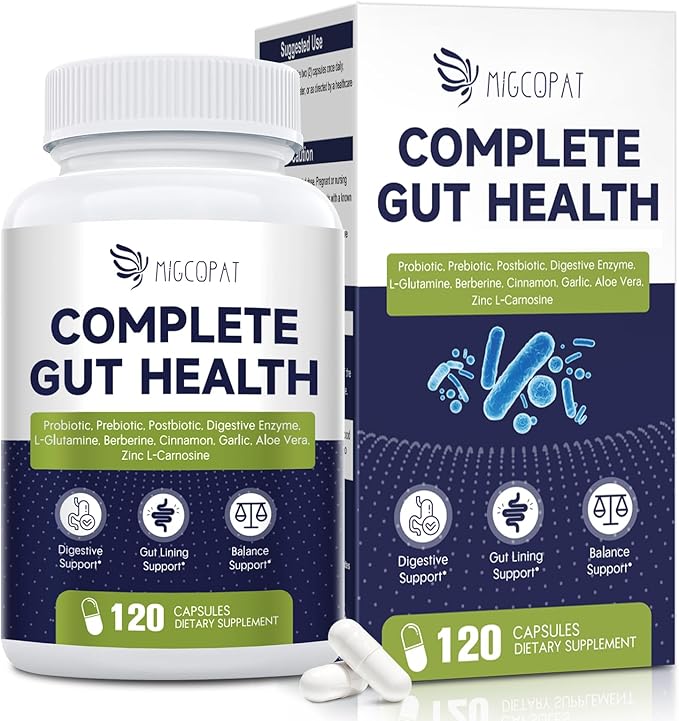 Migcopat Probiotic Prebiotic Postbiotic &amp Digestive Enzymes for Digestive Health 80 Billion CFU Probiotics Complete Gut Support with Berberine Cinnamon L-Glutamine for Men &amp Women 120 Ca
