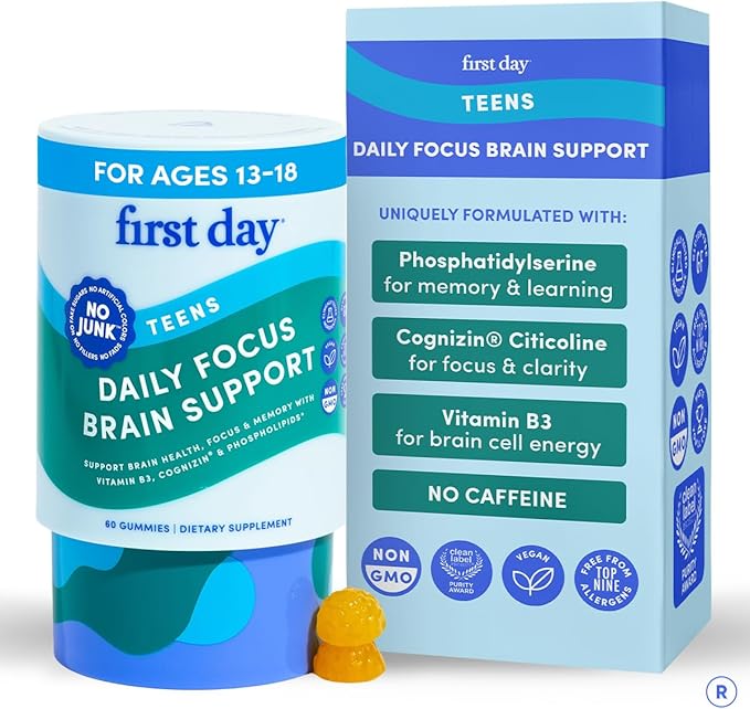 FIRST DAY Teen Brain &amp Focus Supplement Gummies Ages 13–18 | Study &amp Concentration Support with Cognizin® Citicoline &amp Phosphatidylserine | Vegan Non-GMO Caffeine-Free | 30-Day Supply