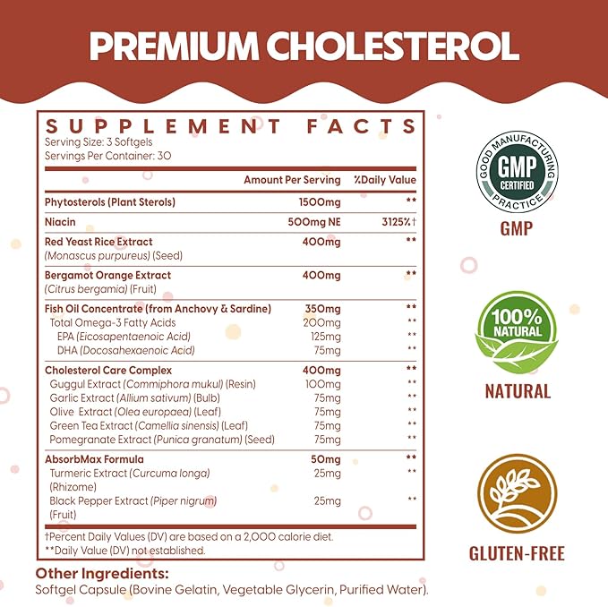 Cholesterol Supplements with Plant Sterols Niacin Red Yeast Rice Citrus Bergamot Garlic Cholesterol Supplement Support Normal Cholesterol Levels 90 Softgels