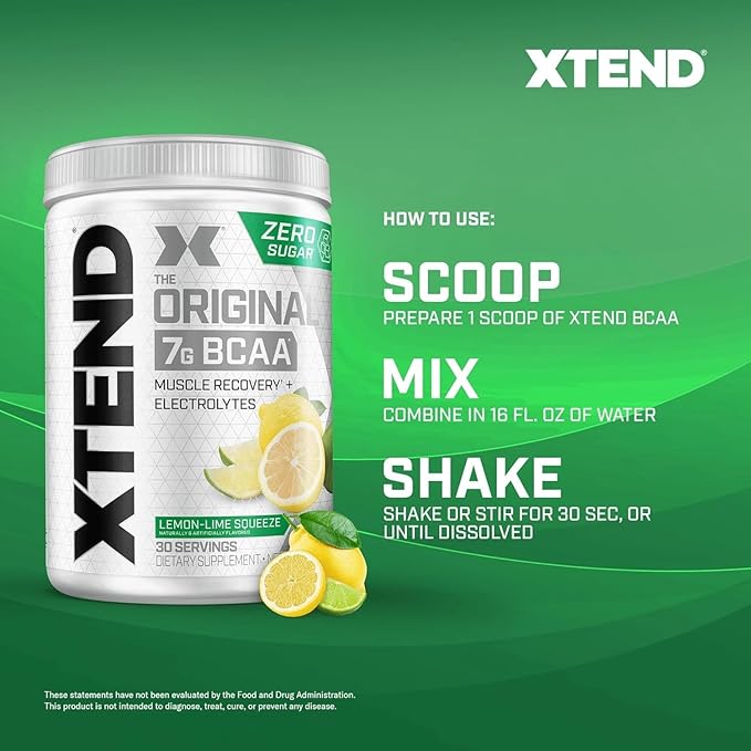 Xtend Original BCAA Powder 7g BCAAs and 2.5g L-Glutamine for Muscle Recovery Hydration and Lean Muscle Sugar Free Intra and Post Workout Drink with Electrolytes Lemon Lime Squeeze 30 Servings