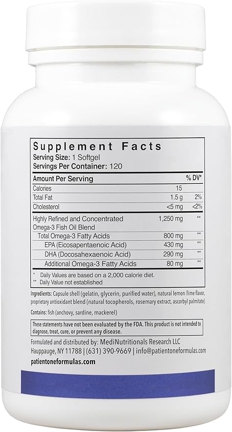 Patient One Omega-3 800 | Supplement to Support Heart Cognitive and Joint Health* | Omega-3 Fish Oil with EPA and DHA | 120 Softgels
