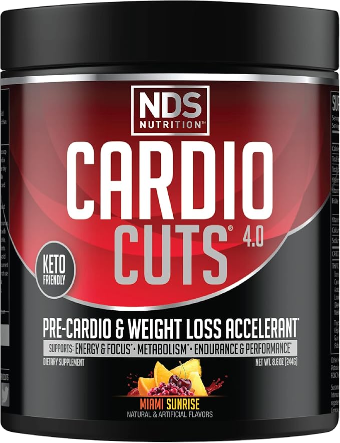 Cardio Cuts NDS Nutrition 4.0 Pre Workout Supplement - Advanced Weight Loss and Pre Cardio Formula with L-Carnitine CLA MCTs L-Glutamine and Safflower Oil - Miami Sunrise (40 Servings)