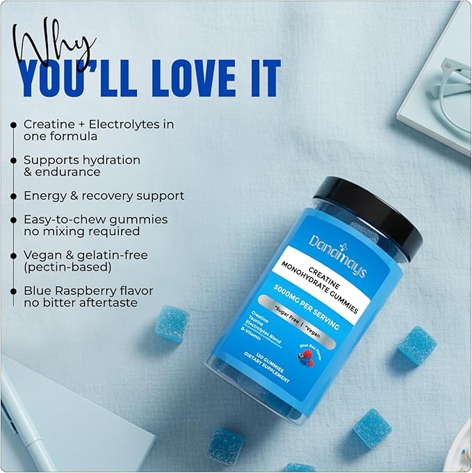 Creatine Gummies with Electrolytes | 5000 mg Creatine Monohydrate | Taurine Magnesium Potassium &amp Sodium | Blue Raspberry Flavor | Vegan Gummies
