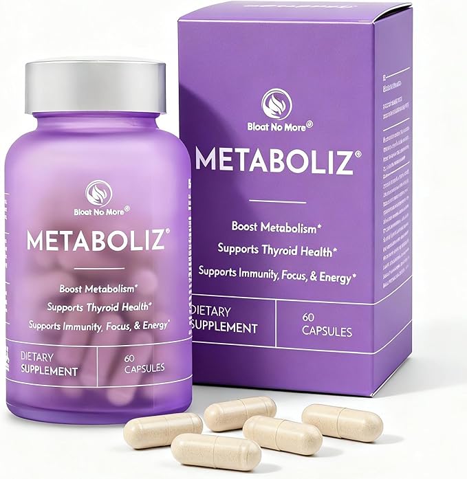 Bloat No More METABOLIZ – Metabolism Booster for Women Thyroid Support Supplement with Selenium Iodine B12 &amp Zinc – Supports Energy Focus Immunity &amp Digestion Gluten-Free. 60 Capsules