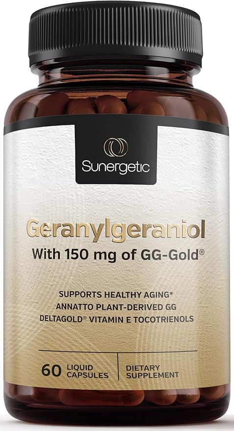 Sunergetic Premium Geranylgeraniol Supplement - GG-Gold 150mg with DeltaGold Vitamin E Tocotrienols- Annatto Derived GG for Statin Users Heart Health &amp CoQ10 Production - 60 Capsules