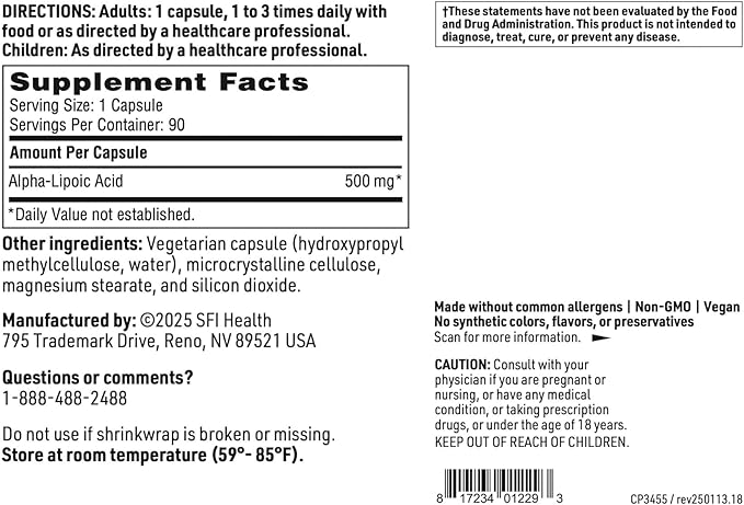 Klaire Labs SFI Health Alpha-Lipoic Acid 500mg - ALA Supplement - Antioxidant Cardiovascular Liver &amp Detox Support - Soy-Free Yeast-Free Hypoallergenic (90 Capsules)