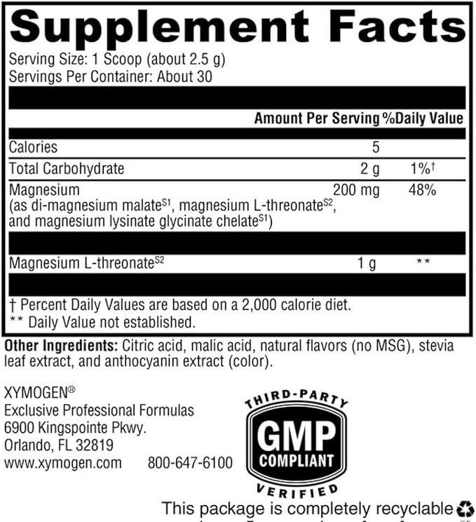 XYMOGEN OptiMag Neuro - Brain Health &amp Relaxation Support - Magnesium Glycinate &amp L-Threonate - Chelated Magnesium Powder - Mixed Berry Flavor - 2.64 Oz