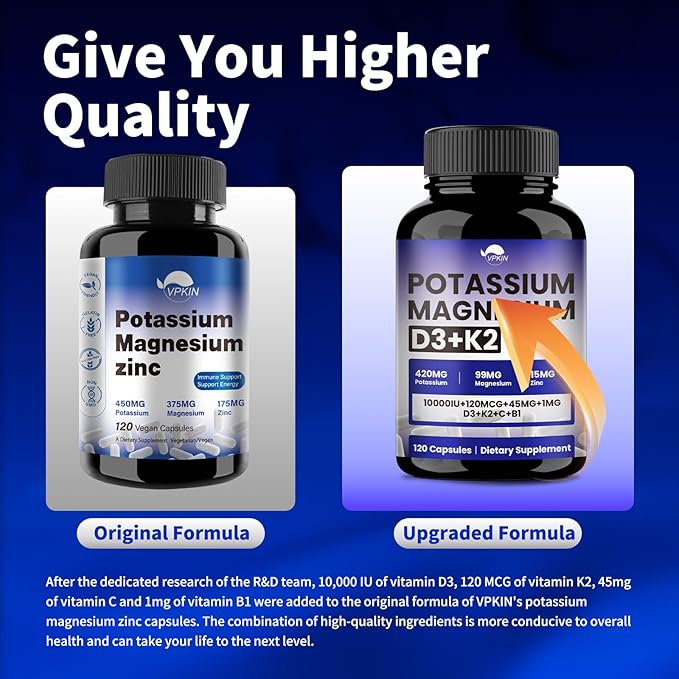 VPKIN Potassium Magnesium Zinc &amp D3 K2 SupplementSupport ImmuneEnergy for Men&ampWomenMaxmium AbsorptionVeganNon-GMO120 Capsules (Pack of 1)